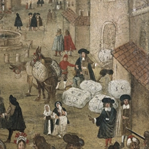 Trade scene in a city (16th c. ). Painting. ITALY