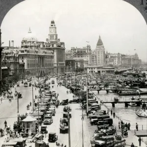 Traffic and boats along the Bund, Shanghai, China, c. 1920 Vintage early 20th century