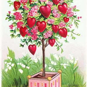 Tree of hearts and flowers on a Valentine postcard