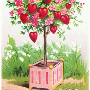 Tree of hearts and flowers on a Valentine postcard