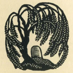 Monotone Woodcut Print of Oriental-Inspired Scene by Molly MacArthur (1925) Monotone Woodcut Print of Oriental-Inspired Scene by Molly MacArthur (1925)