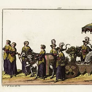 A triumphal carriage with female reapers holding scythes