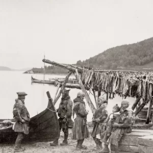 Tromso, Norway, fishermen with drying fish