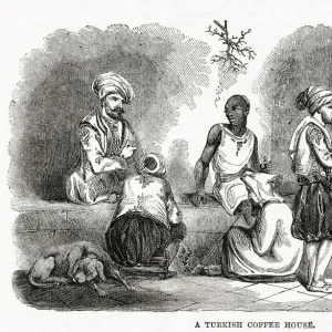 Turkish man making coffee on the hearth in small cups. Date: 1866