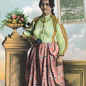 Turkish Woman in floral skirt and red fez hat