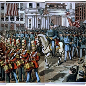 Union soldiers and band marching through a city street on th