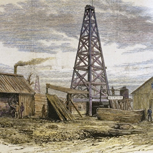USA. 19th century. Oil well in the Oil-Creek Valley. Colored