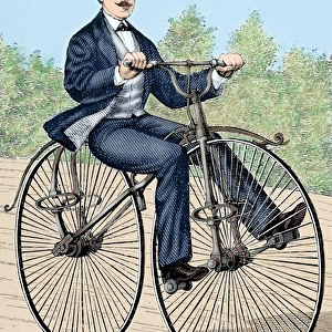 USA. Old bicycle. 19th century engraving. Colored