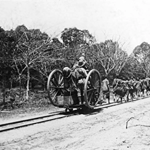 Use of manpower on mini railway, Schaedels Farm, WW1