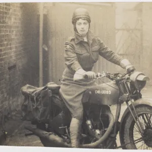 Valerie Ryshworth-Hill in ATS uniform on a motorbike