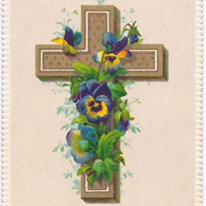 Variegated pansies and a cross on an Easter card