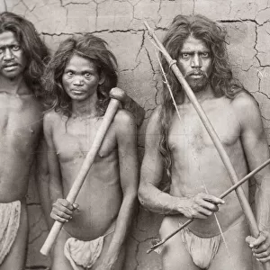 Veddah men with bow and arrow, axe, Ceylon, Sri Lanka