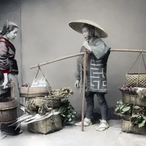 Vegetable seller, Japan, circa 1890. Date: circa 1890 Vegetable seller, Japan, circa 1890. Date: circa 1890