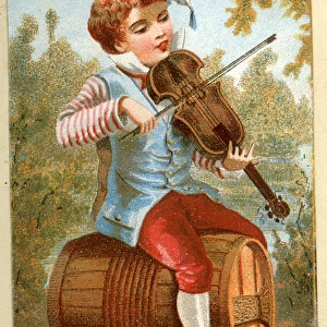 Victorian boy violinist sitting on a barrel