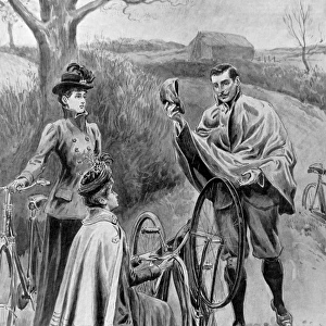 Three Victorian Cyclists Mending a Puncture, 1901