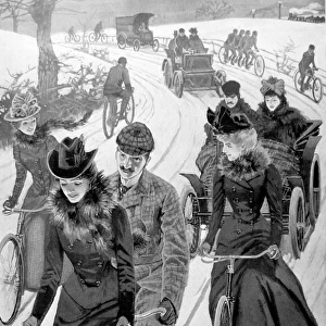 Victorian Cyclists and Motorists on a Snowy Road
