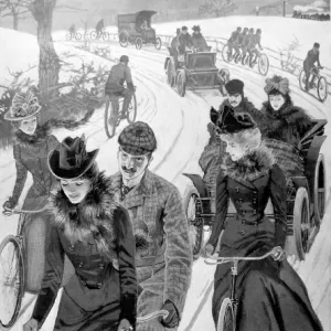 Victorian Cyclists and Motorists on a Snowy Road