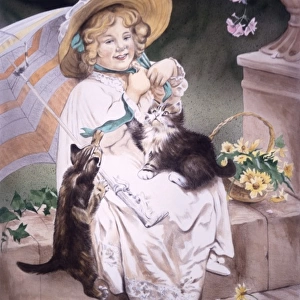 Victorian girl with pet kittens