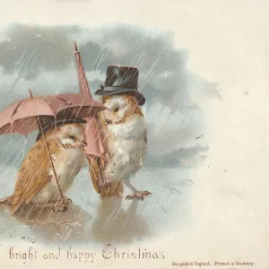 Victorian Greeting Card - Owls with Umbrella