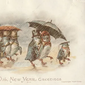 Victorian Greeting Card - Penguins in the Rain