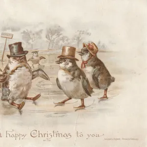 Victorian Greeting Card - Penguins Skating