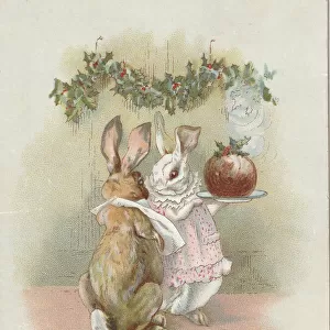 Victorian Greeting Card - Rabbits with Plum Pudding