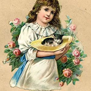 Victorian Scrap, Girl holding kitten in straw hat