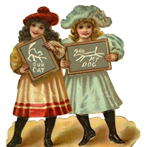Victorian Scrap, two girls with slates