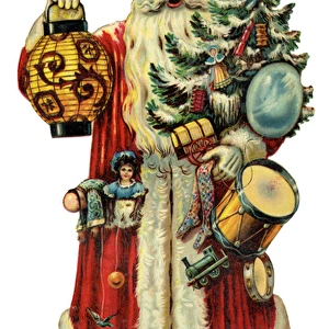 Victorian Scrap - Santa holding lantern, tree and presents