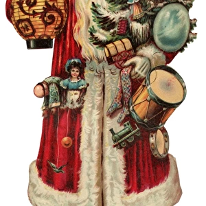 Victorian scrap - Santa with lantern, tree and presents