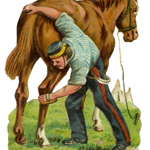 Victorian Scrap - Soldier Grooming Horse