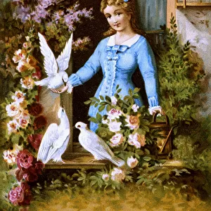 Victorian silk birthday card, Girl and Doves