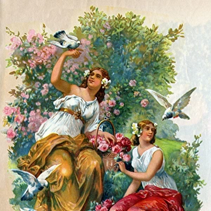 Victorian Transfer design, girls with birds and roses