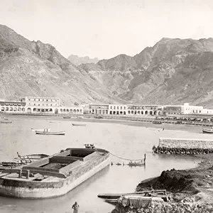 View of Aden, Yemen, buildings and a barge
