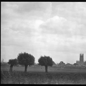 View across English fields to a cathedral