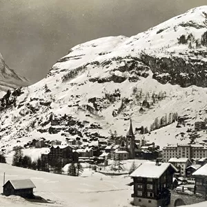 View of Matterhorn, Zermatt, Switzerland, snow-covered scene. Date: circa late 1930s