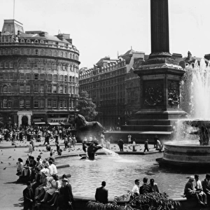 View of Trafalgar Square and fountain, London