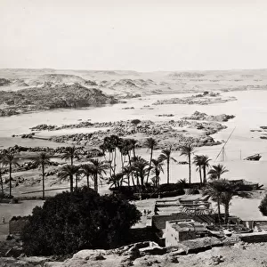 Vintage 19th century photograph: wide angle view of the River Nile, cataracts, Egypt