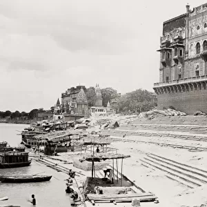 Vintage 19th century photograph: temple ghat, Benares, Varanasi, India