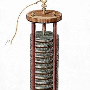 Voltaic pile by alessandro Volta. Colored engraving