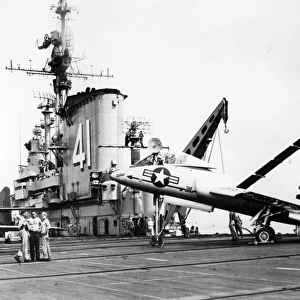 Vought F7U-3 Cutlass 128454 with folded wings on USS Midwa