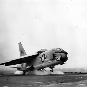 A Vought F8U-1 Crusader is catapulted off