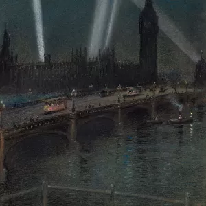 War Searchlights over Westminster Bridge, WW1
