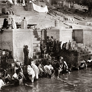 Washing in the river Ganges, Benares, (Varanasi) India circa