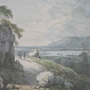 Watercolour painting of a coastal scene