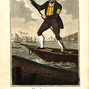 Waterman on his rowboat ferry on the River Thames, London