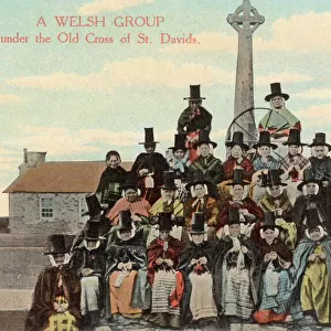 Welsh Women in Traditional Costume by Cross at St Davids