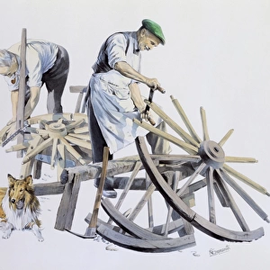 Wheelwrights making cart wheels