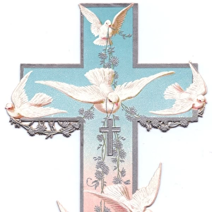 White doves on a cross-shaped Christmas card