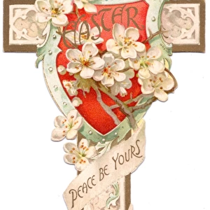 White flowers on a cross-shaped Easter card